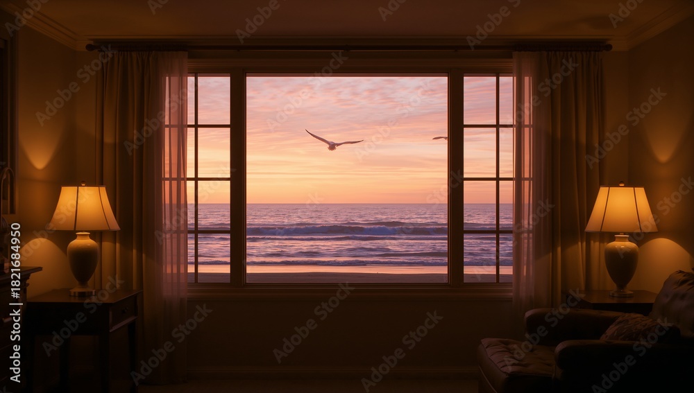 Obraz premium Framing large central window revealing ocean horizon at sunset in living room, with seagulls