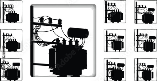 Silhouette illustration of electrical transformer on utility pole with multiple framed variations, showcasing industrial power distribution and energy infrastructure vector design