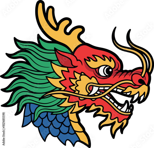 Wallpaper Mural Vibrant Chinese Dragon Head Illustration with Traditional Colors. Torontodigital.ca