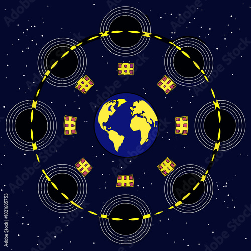Earth surrounded by a ring of black holes and orbiting satellites