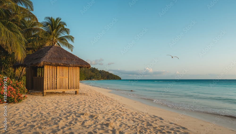 Obraz premium Sitting thatched hut on stilts basking in warm light at tropical beach, with seabirds flying