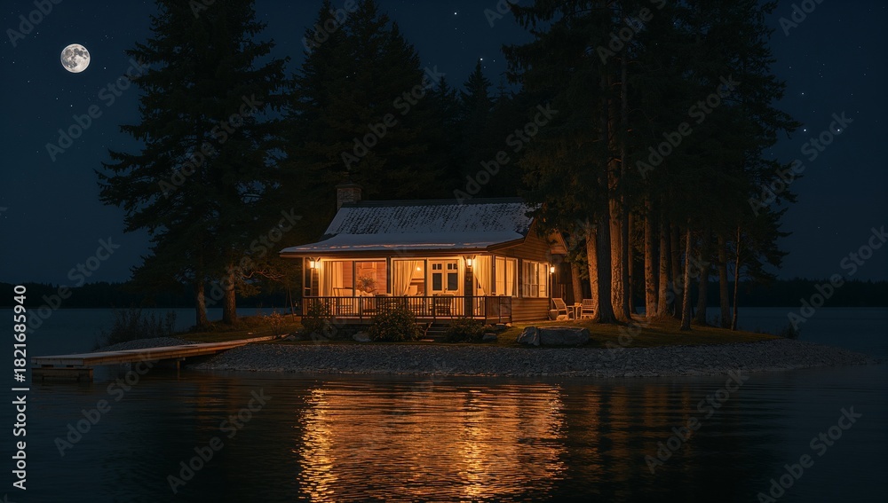 Fototapeta premium Sitting wooden cabin with lit windows, porch lights on pebble shore at night, dock reflecting moon