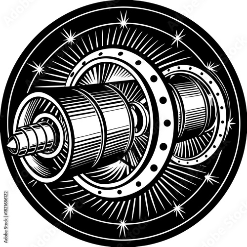 Intricate mechanical device with starburst embellishments