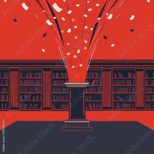Knowledge explodes from a pedestal in a library