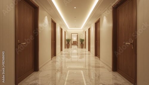 Leading long hotel corridor drawing eye toward console table at far end, with marble floor