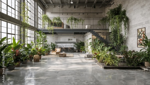Displaying open loft in industrial space with steel-framed windows, plants, mezzanine