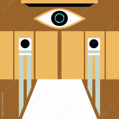 Mysterious eye above double doors with tall speakers