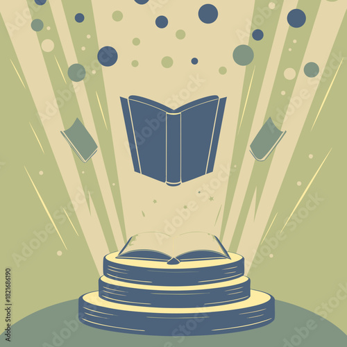 Open book on pedestal with floating books and bubbles