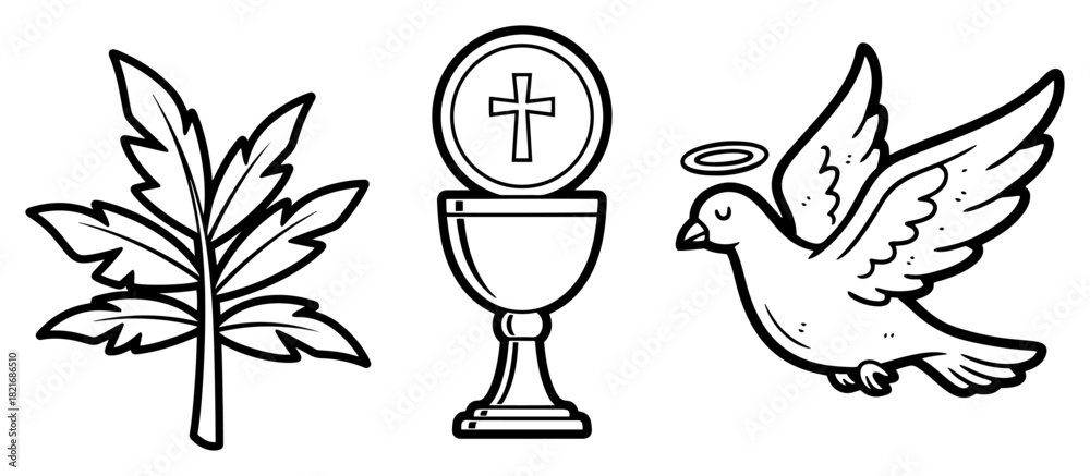 Naklejka premium Christian religious symbols set with eucharist chalice holy spirit dove and olive branch vector line art