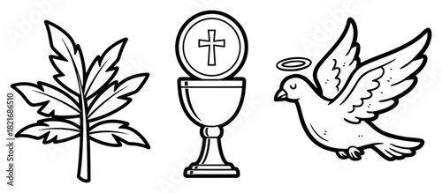 Christian religious symbols set with eucharist chalice holy spirit dove and olive branch vector line art