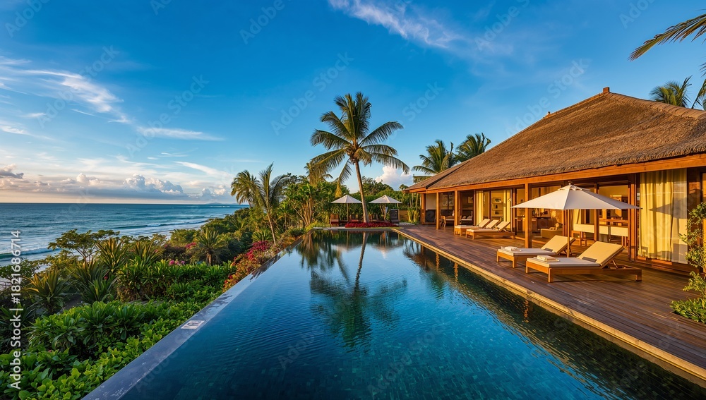 Fototapeta premium Reflecting infinity-edge pool centered at beachfront villa deck during golden hour, with umbrellas