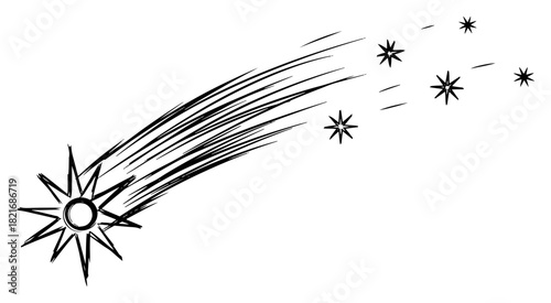 Shooting star of bethlehem with long tail and sparkles vector black and white christmas nativity scene sketch illustration