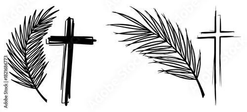 Christian cross and palm branch leaf symbol for palm sunday and easter holiday vector hand drawn sketch illustration