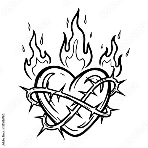 Sacred heart of jesus symbol with thorns crown and fire flames vector black and white tattoo style sketch illustration
