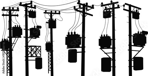 Silhouette illustration of electrical utility poles with transformers, power lines, and industrial components representing energy distribution infrastructure in a detailed vector design.