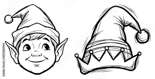 Happy Christmas elf face and traditional hat set vector black and white hand drawn sketch of Santa helper character and costume accessory