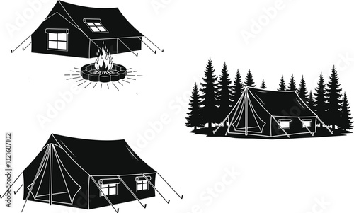 Black silhouette vector set of three canvas tent illustrations with a campfire and pine forest background, representing camping, outdoor adventure, survival, and wilderness activities.