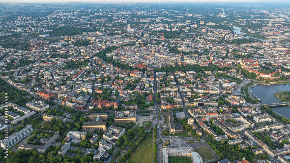 Fototapeta premium Drone view of central square of Krakow, Poland. Other streets and buildings surrounding center.