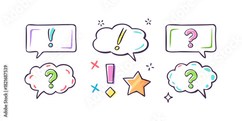 Colorful speech bubble icons with punctuation and stars