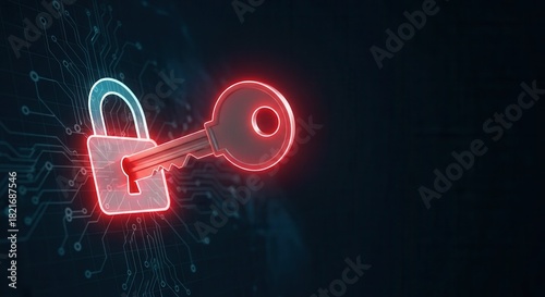 A glowing key unlocking a digital padlock, symbolizing cybersecurity and data protection in a modern tech environment.