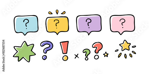 Colorful speech bubbles and punctuation marks question mark