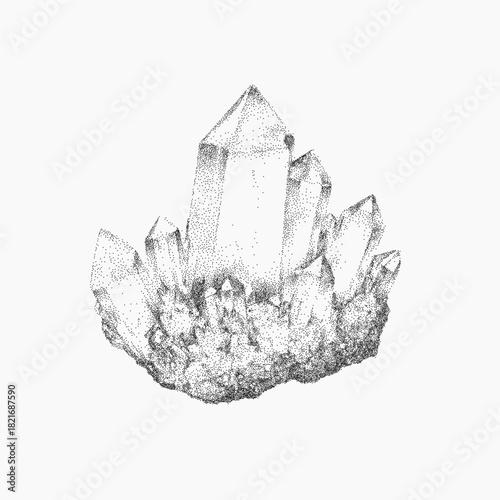 Mineral druse crystal with sharp facets, grain overlay and dusty specks, stippled shadows and ink noise add depth and retro texture to the form.