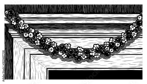 Christmas berry garland decoration draped over wooden fireplace mantel vector linocut illustration