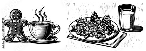 Gingerbread man cookie with hot coffee cup and plate of sweet biscuits with glass of milk vector black and white woodcut illustration