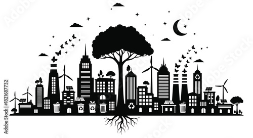 Cityscape with a large tree birds and wind turbines a dark silhouette