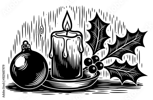 Christmas candle with holly berries and bauble ornament vector illustration in vintage woodcut engraving style