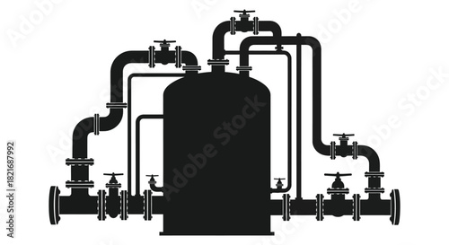 Industrial piping system with a large central tank stark black silhouette