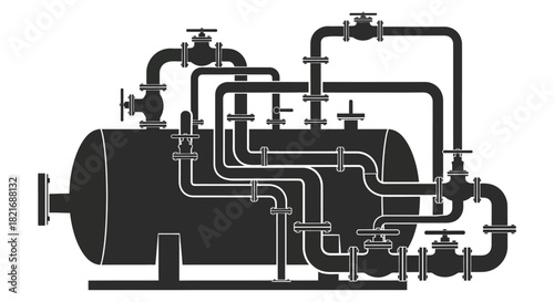 industrial piping system and pressure vessel design with black silhouette