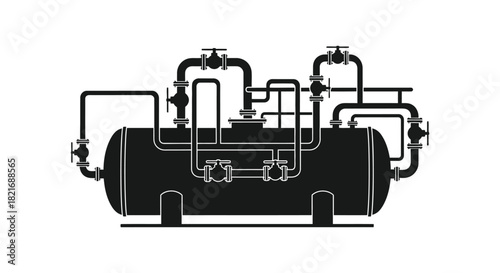 Industrial tank with complex piping system and valves a dark silhouette