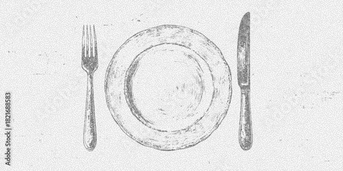 Background with plate and cutlery, aged with subtle grain, faint stains and speckled grit, creating a vintage dining composition with a soft grunge touch.