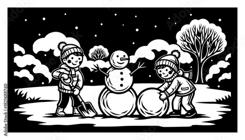 Children building a snowman in winter landscape vector silhouette illustration