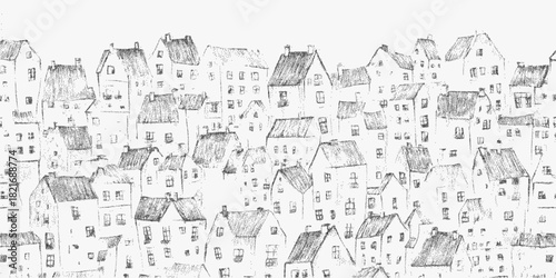 Crayon silhouettes of houses with visible textured strokes and halftone collage grain perfect for handmade urban scenery prints or vintage poster layouts.