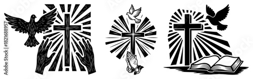 Christian religious symbols set with cross holy spirit dove praying hands and bible vector black and white woodcut style illustration