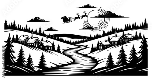Santa Claus flying in a sleigh over a snowy winter village landscape with pine trees vector illustration in woodcut style