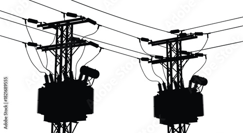 Silhouette illustration of high-voltage utility poles with large electrical transformers and overhead power lines for industrial energy distribution vector design