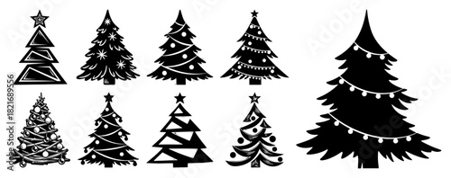 Set of various christmas tree silhouettes including pine and fir with decoration details vector black and white icon collection