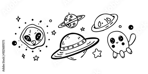 Cute cartoon alien spaceship and meteor with stars