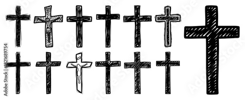 Hand drawn Christian cross symbol collection with various religious crucifix sketches and doodle textures for Easter and holy faith designs