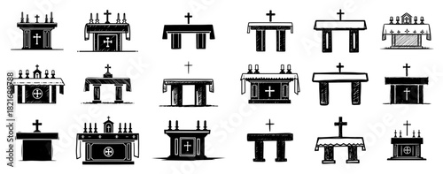 Church altar and sanctuary table vector icon set featuring religious furniture with candles and cross symbols for mass or communion design