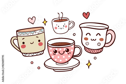 Cute cartoon coffee cups and teapots with faces vector
