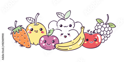 Cute cartoon fruits with faces on white background