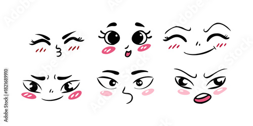 Cute cartoon facial expressions with pink blush and noses