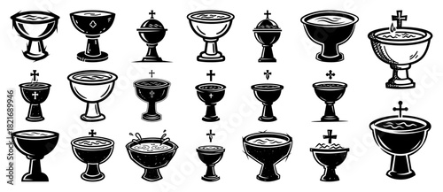 Baptismal font and holy water basin vector collection featuring church christening bowls with cross symbols for religious sacrament design