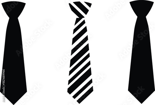 Black silhouette vector set of three business neckties, including solid black and striped designs, representing corporate workwear, professionalism, and formal men's fashion accessories.