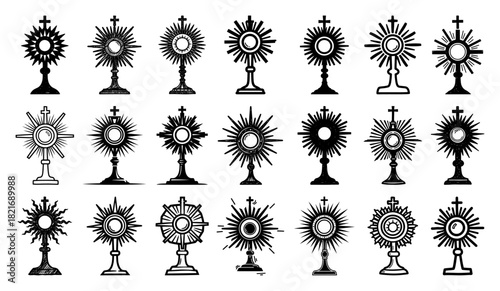 Catholic monstrance icon set with various liturgical vessels for eucharistic adoration and corpus christi