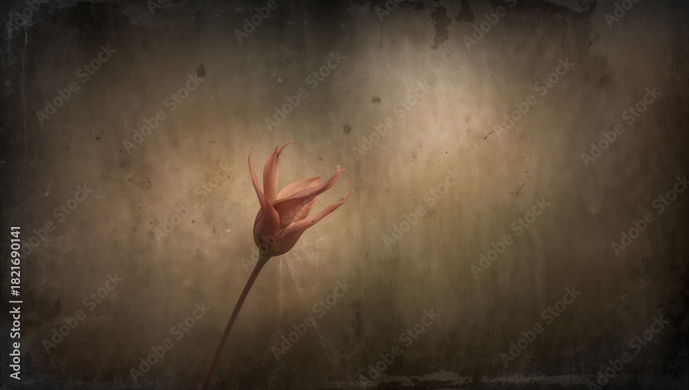 Naklejka premium Displaying tulip-like flower leaning in studio, with slender stem, textured backdrop, copy space